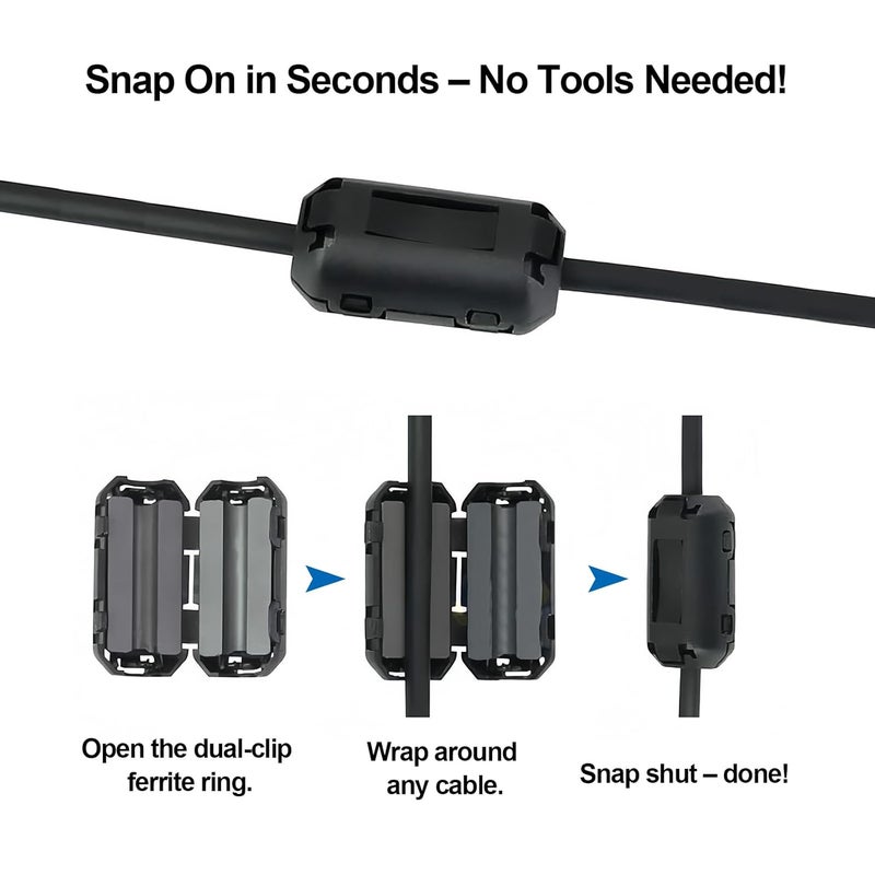 smrtcol 12 Pcs Ferrite Ring Core EMI Noise Suppressor Clip-On Filter (3.5mm/5mm/7mm), Snap-On Interference Reducer for USB, Audio, Video, Charging & Data Cables, Improves Signal Quality - Image 3